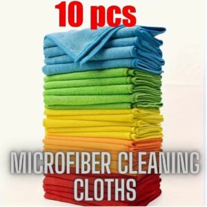 Pack of 10 colourful multi purpose microfibre cleaning cloths stacked neatly on a kitchen worktop