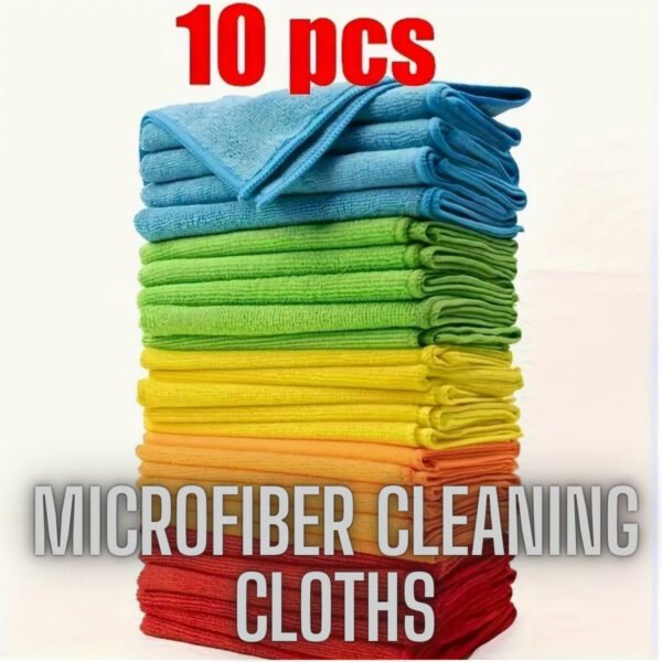 Pack of 10 colourful multi purpose microfibre cleaning cloths stacked neatly on a kitchen worktop