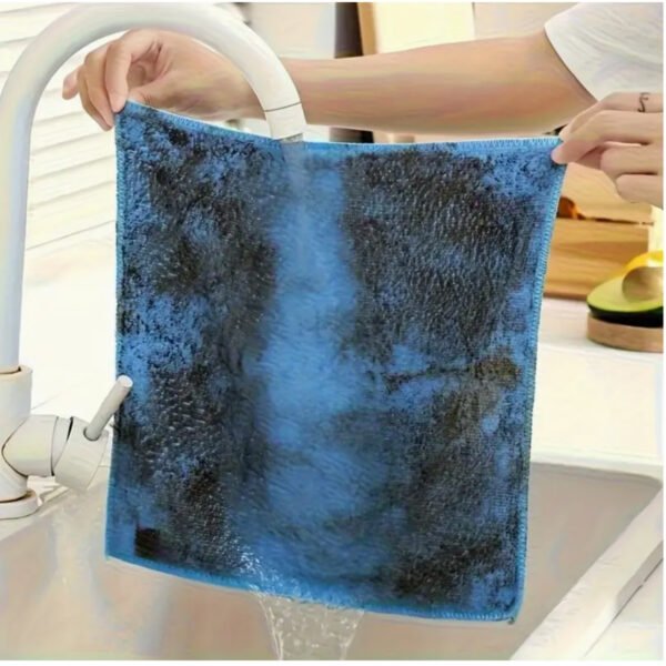 Pack of 10 colourful multi purpose microfibre cleaning cloths stacked neatly on a kitchen worktop