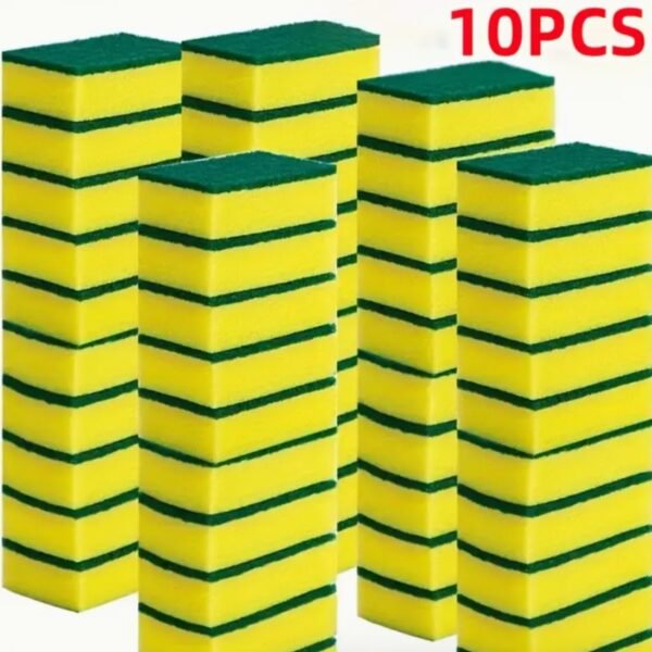 Pack of 16 dual action kitchen cleaning sponges showing the green abrasive scouring pad side and yellow absorbent foam side