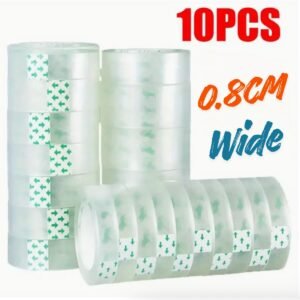 10 rolls of clear transparent sticky tape 0.8cm wide stacked neatly