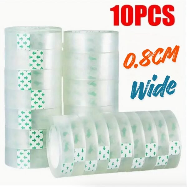 10 rolls of clear transparent sticky tape 0.8cm wide stacked neatly