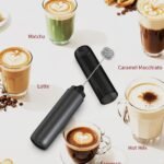 Black handheld electric milk frother and stainless steel whisk for coffee and drink mixing