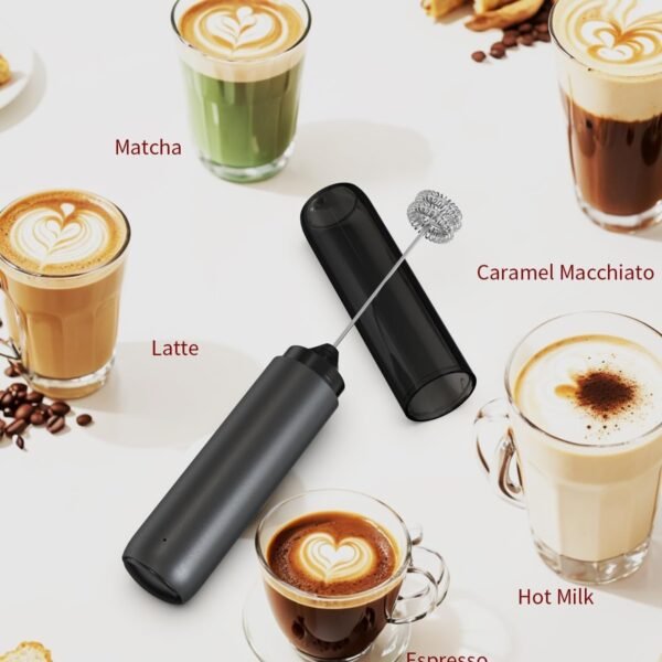 Black handheld electric milk frother and stainless steel whisk for coffee and drink mixing