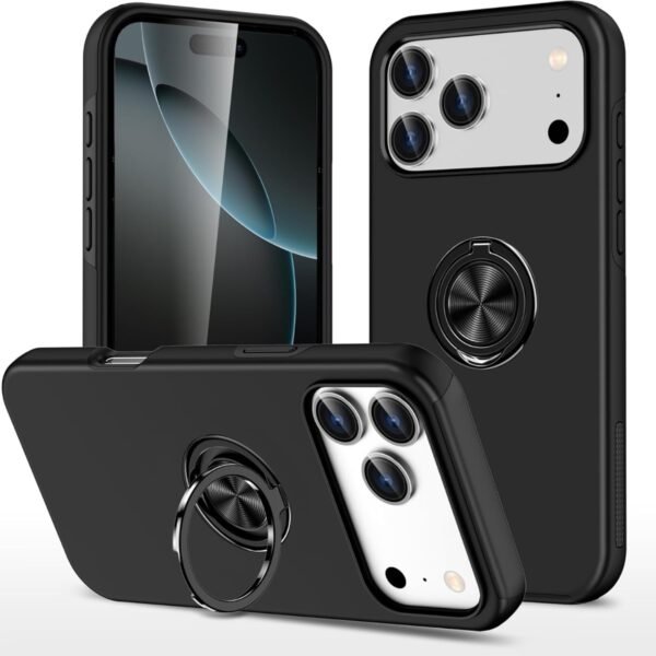 Black magnetic ring case for iPhone 17 with 360 degree metal kickstand and camera protection