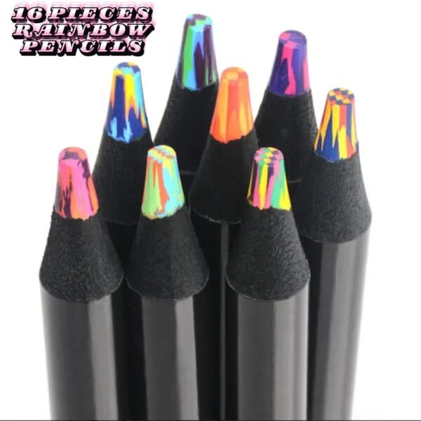 16 pack jumbo rainbow pencils with multicoloured cores for drawing and craft projects
