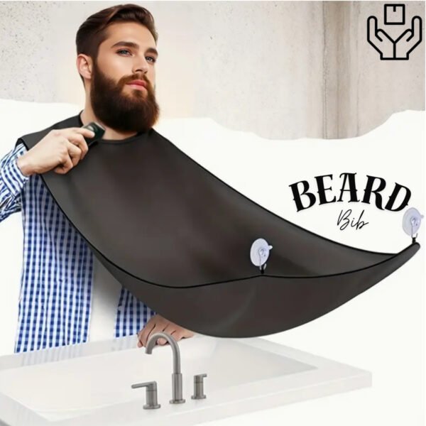 Black non-stick beard bib catcher apron attached to mirror with suction cups catching hair trimmings