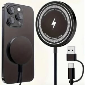 15W magnetic wireless charger pad in sleek black showing dual USB C and USB A connector