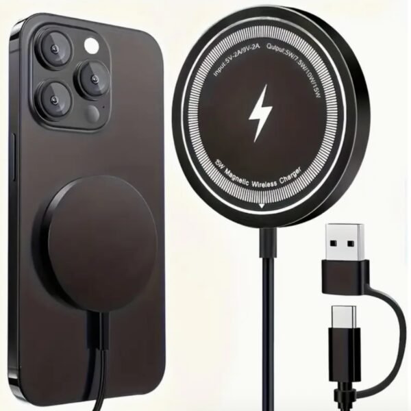 15W magnetic wireless charger pad in sleek black showing dual USB C and USB A connector