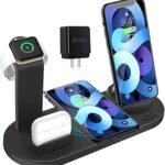 6 in 1 wireless charging station 15w fast charger dock stand powering smartphone and smartwatch on a desk