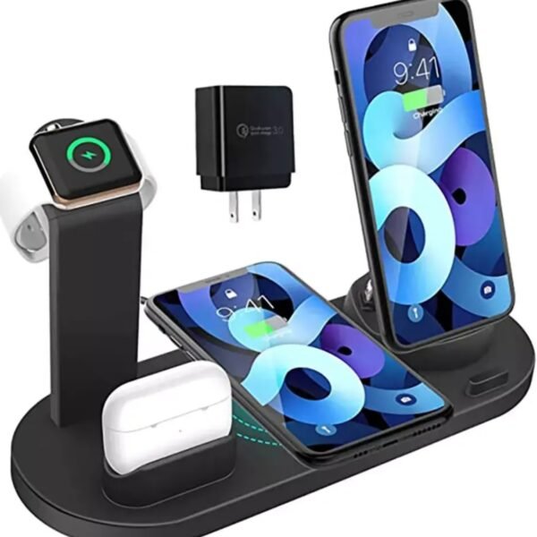 6 in 1 wireless charging station 15w fast charger dock stand powering smartphone and smartwatch on a desk