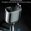 Matte black 60W retractable car charger plug with dual pull-out Type C cables attached to dashboard socket