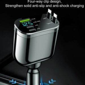 Matte black 60W retractable car charger plug with dual pull-out Type C cables attached to dashboard socket