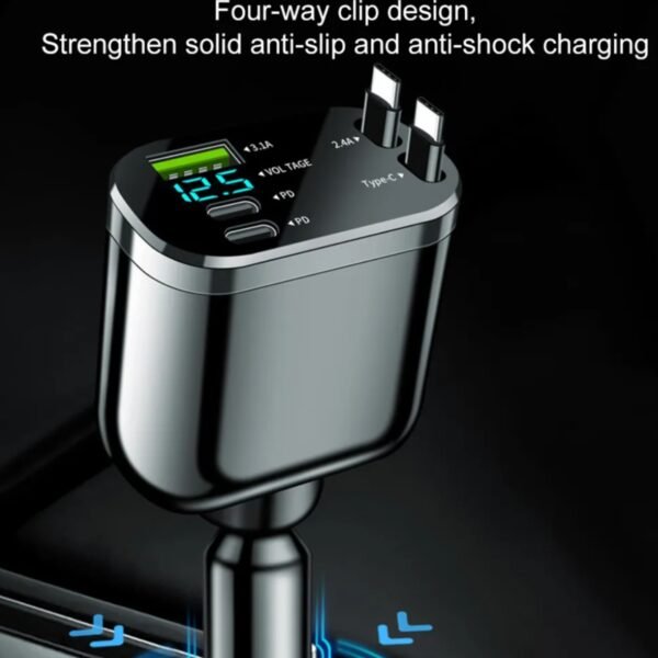Matte black 60W retractable car charger plug with dual pull-out Type C cables attached to dashboard socket