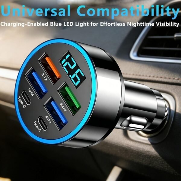 Black 100W 6 in 1 multi port fast car charger with LED digital display screen