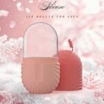 Silicone ice roller for face cooling massage tool held over smooth skin to reduce puffiness