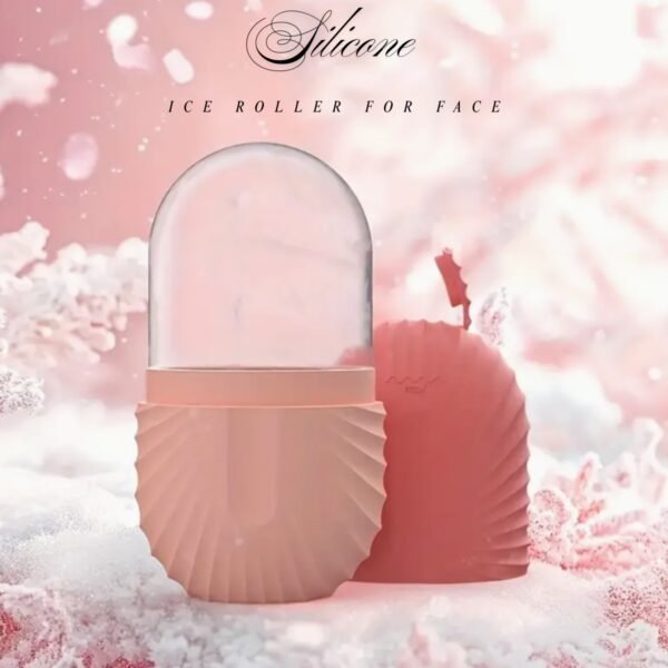 Silicone ice roller for face cooling massage tool held over smooth skin to reduce puffiness