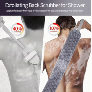 3 piece bath exfoliation set including loofah shower sponge, bath glove and back scrub towel