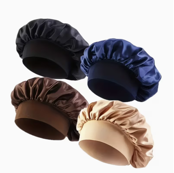 Satin lined sleep beanie cap shown with smooth interior lining exposed for hair protection